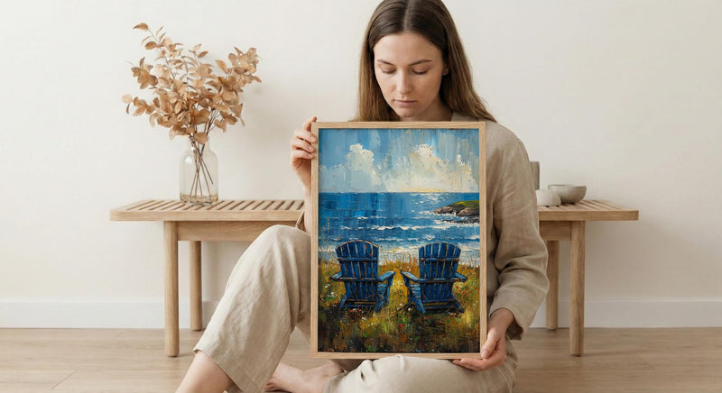 Adirondack Chair Ocean Wall Art, Navy Blue Coastal Decor - Green Lawn Summer Scene