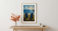 Adirondack Chair Ocean Wall Art, Navy Blue Coastal Decor - Green Lawn Summer Scene
