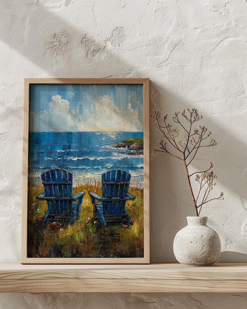 Adirondack Chair Ocean Wall Art, Navy Blue Coastal Decor - Green Lawn Summer Scene