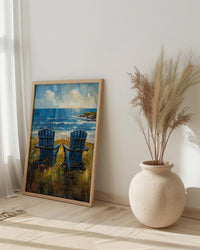 Adirondack Chair Ocean Wall Art, Navy Blue Coastal Decor - Green Lawn Summer Scene