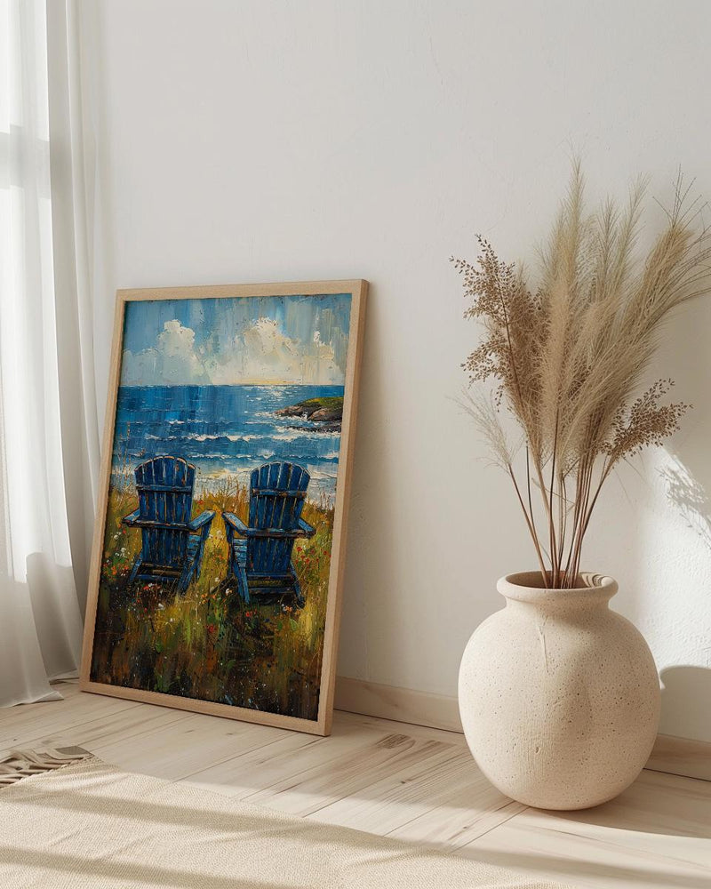 Adirondack Chair Ocean Wall Art, Navy Blue Coastal Decor - Green Lawn Summer Scene