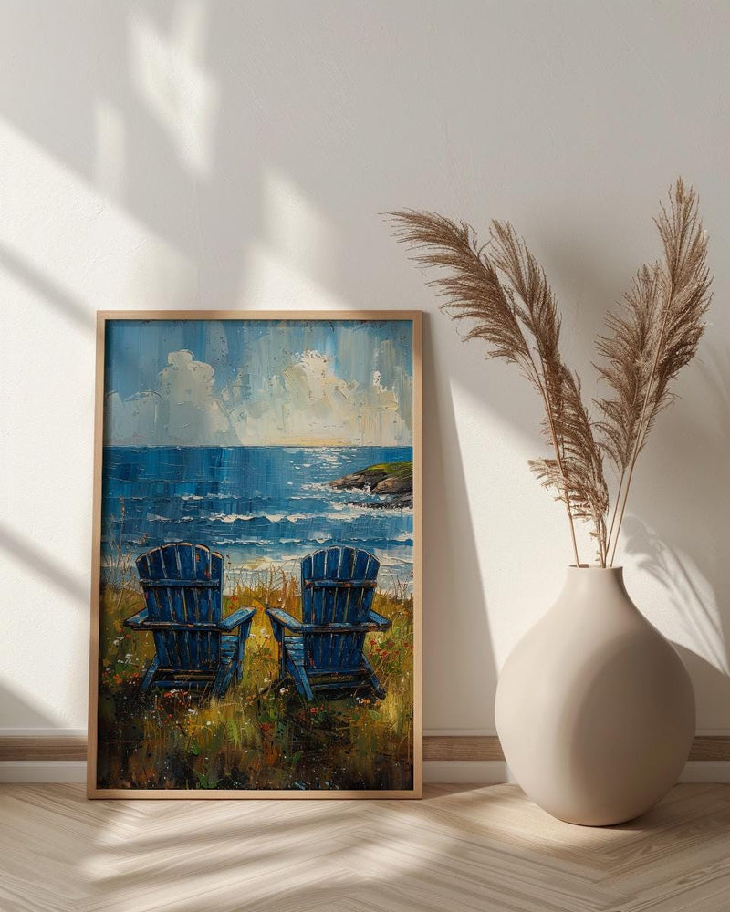 Adirondack Chair Ocean Wall Art, Navy Blue Coastal Decor - Green Lawn Summer Scene