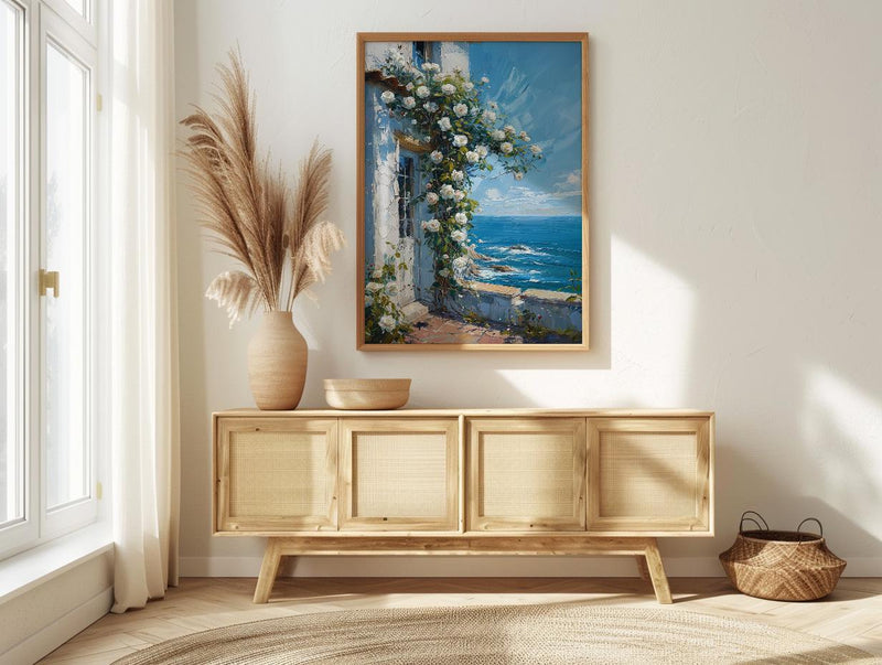 Hamptons White Rose Poster, Luxury Beach House Coastal Decor - Beautiful Garden Summer Bloom