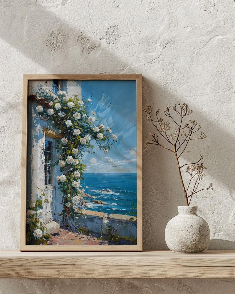 Hamptons White Rose Poster, Luxury Beach House Coastal Decor - Beautiful Garden Summer Bloom
