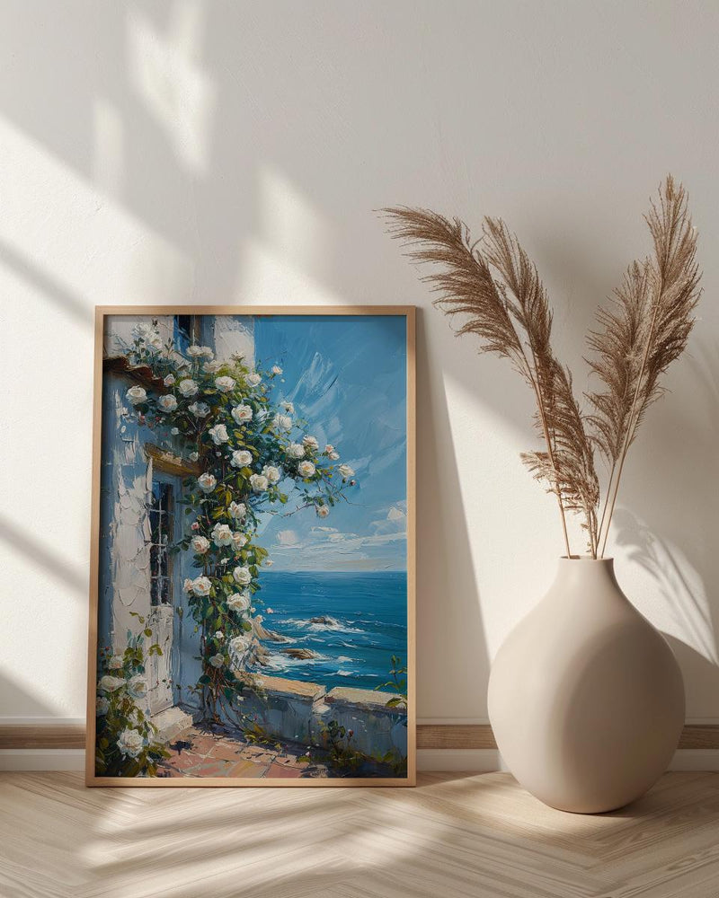 Hamptons White Rose Poster, Luxury Beach House Coastal Decor - Beautiful Garden Summer Bloom