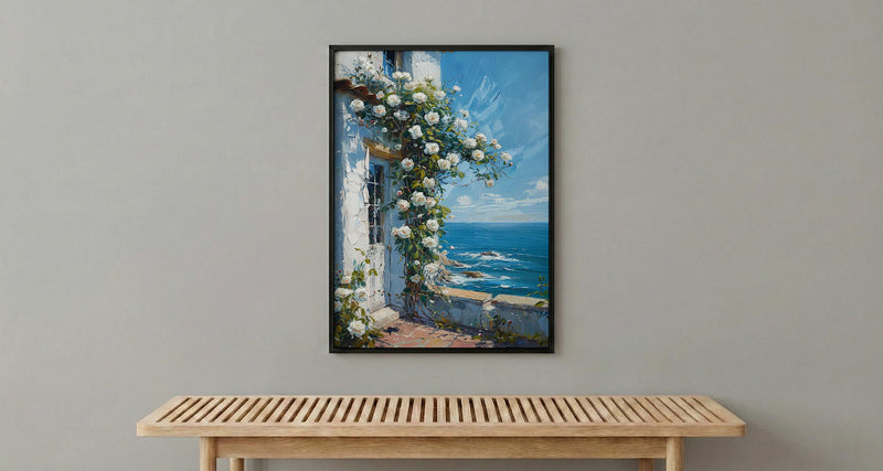 Hamptons White Rose Poster, Luxury Beach House Coastal Decor - Beautiful Garden Summer Bloom