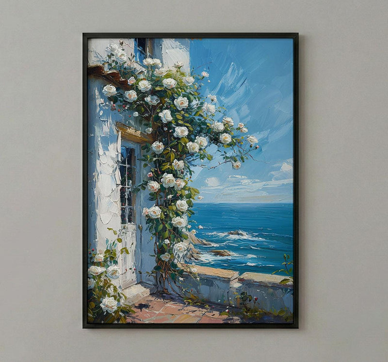 Hamptons White Rose Poster, Luxury Beach House Coastal Decor - Beautiful Garden Summer Bloom