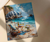 Coastal Wine Picnic Wall Art, Luxury Beach Ocean Decor - Striped Umbrella Summer Sun