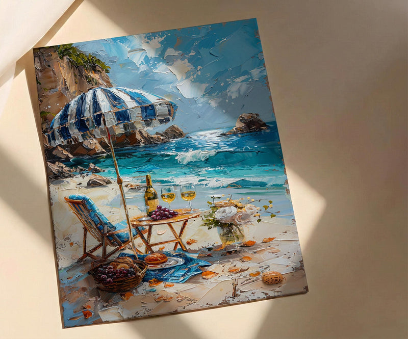Coastal Wine Picnic Wall Art, Luxury Beach Ocean Decor - Striped Umbrella Summer Sun