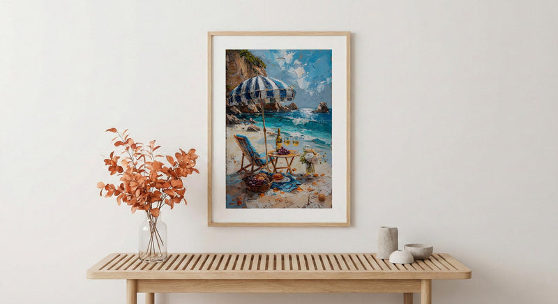 Coastal Wine Picnic Wall Art, Luxury Beach Ocean Decor - Striped Umbrella Summer Sun