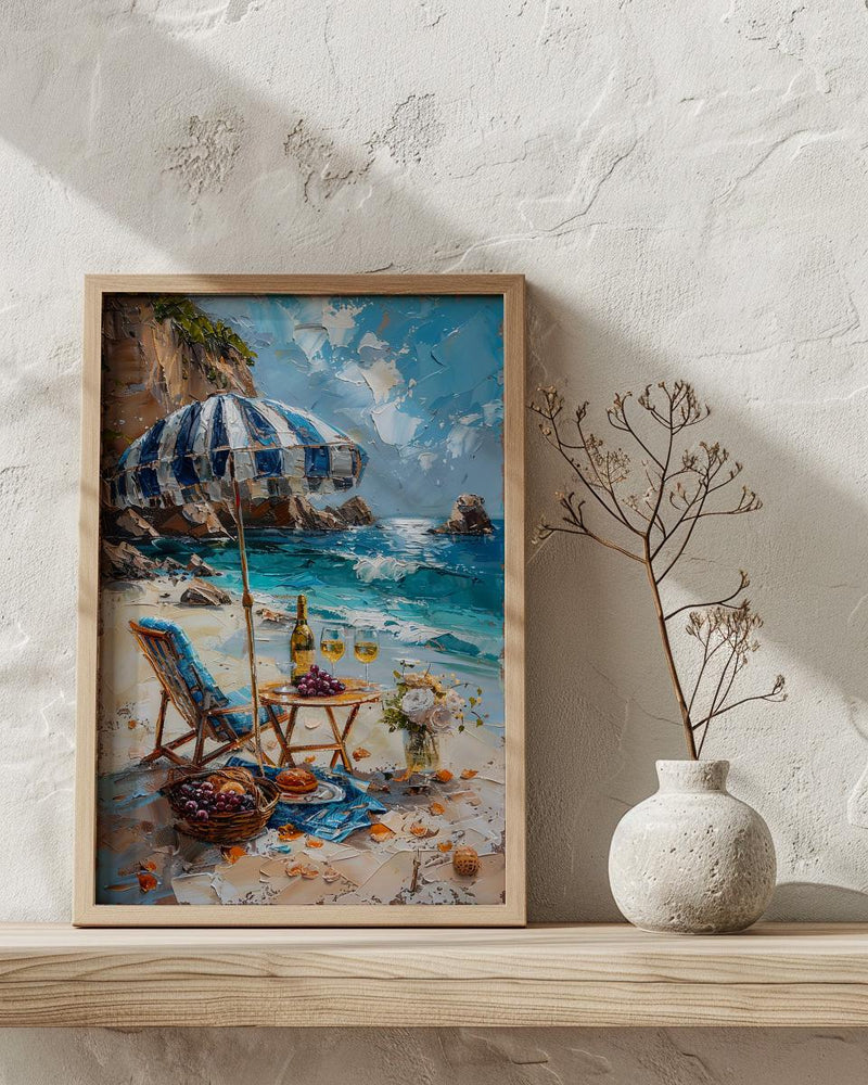 Coastal Wine Picnic Wall Art, Luxury Beach Ocean Decor - Striped Umbrella Summer Sun