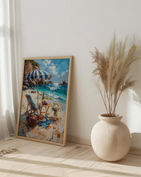 Coastal Wine Picnic Wall Art, Luxury Beach Ocean Decor - Striped Umbrella Summer Sun