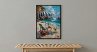 Coastal Wine Picnic Wall Art, Luxury Beach Ocean Decor - Striped Umbrella Summer Sun