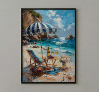 Coastal Wine Picnic Wall Art, Luxury Beach Ocean Decor - Striped Umbrella Summer Sun