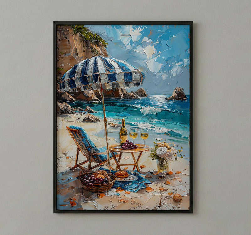 Coastal Wine Picnic Wall Art, Luxury Beach Ocean Decor - Striped Umbrella Summer Sun