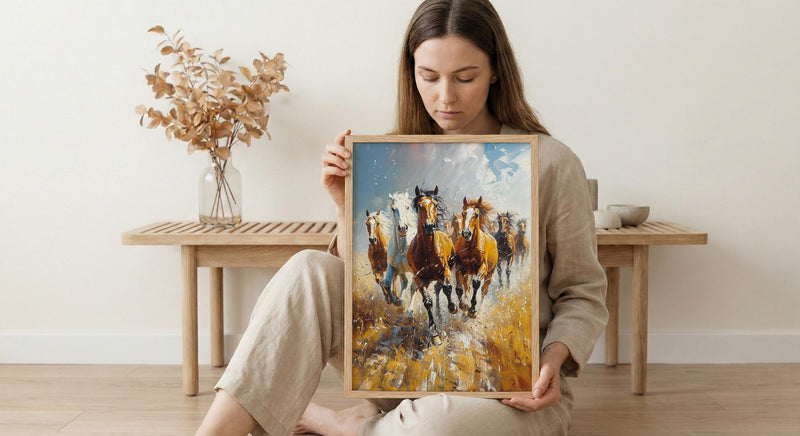 Wild Mustang Horse Poster, Western Desert Nature Animal Decor - Running Herd Summer Dust Scene