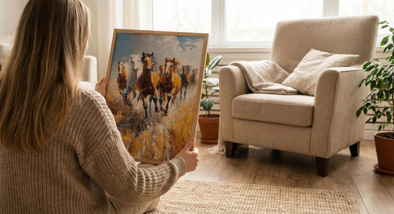 Wild Mustang Horse Poster, Western Desert Nature Animal Decor - Running Herd Summer Dust Scene