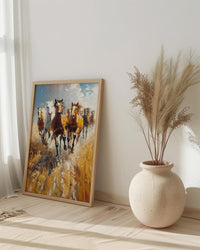 Wild Mustang Horse Poster, Western Desert Nature Animal Decor - Running Herd Summer Dust Scene