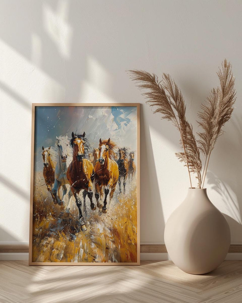 Wild Mustang Horse Poster, Western Desert Nature Animal Decor - Running Herd Summer Dust Scene