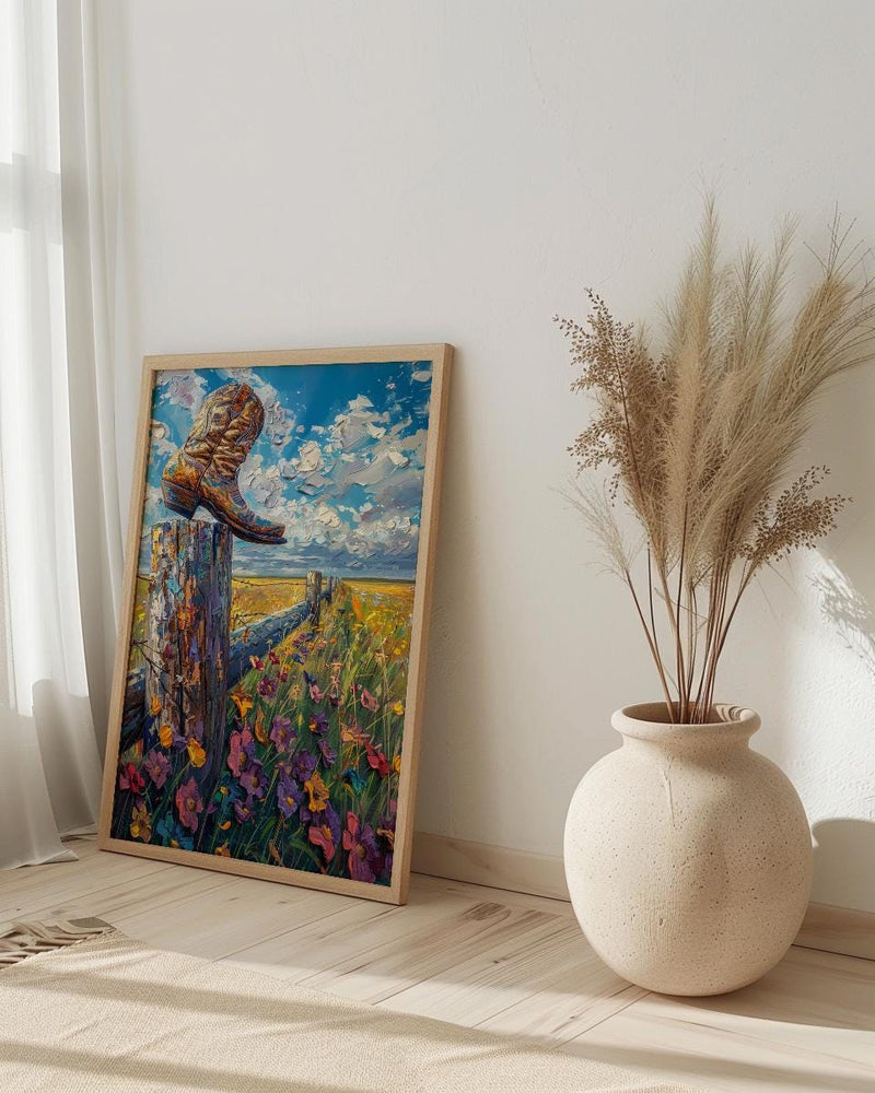 Cowboy Boot Art Print, Rustic Western Country Farm Decor - Wooden Fence Bright Summer Sky