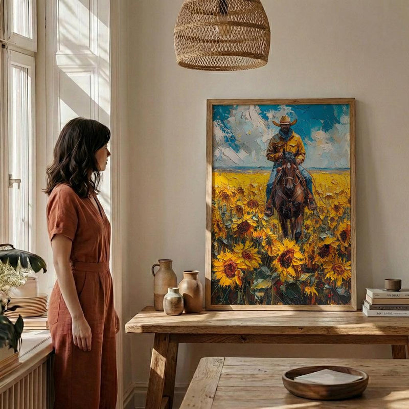 Western Horse Wall Art, Cowboy Blooming Sunflower Field Decor - Bright Yellow Summer Nature View