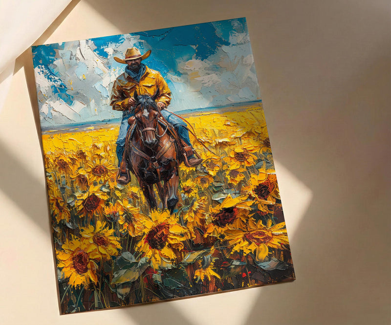 Western Horse Wall Art, Cowboy Blooming Sunflower Field Decor - Bright Yellow Summer Nature View