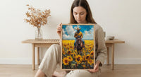 Western Horse Wall Art, Cowboy Blooming Sunflower Field Decor - Bright Yellow Summer Nature View