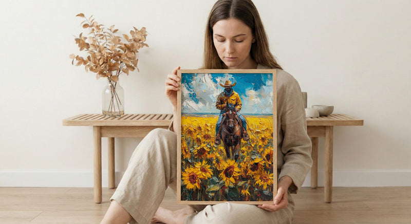 Western Horse Wall Art, Cowboy Blooming Sunflower Field Decor - Bright Yellow Summer Nature View