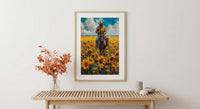 Western Horse Wall Art, Cowboy Blooming Sunflower Field Decor - Bright Yellow Summer Nature View