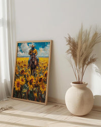 Western Horse Wall Art, Cowboy Blooming Sunflower Field Decor - Bright Yellow Summer Nature View