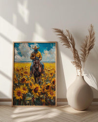 Western Horse Wall Art, Cowboy Blooming Sunflower Field Decor - Bright Yellow Summer Nature View