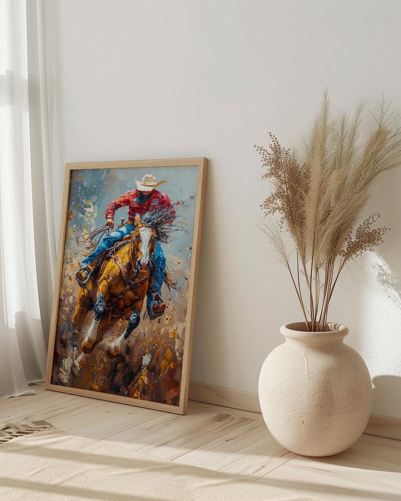 Bucking Bronco Rodeo Poster, Western Cowboy Action Decor - Dusty Summer Arena Wild Animal Scene