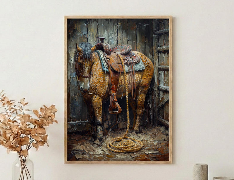 Western Lasso Wall Art, Rustic Country Farm Barn Decor - Golden Sun Beam Summer Scene