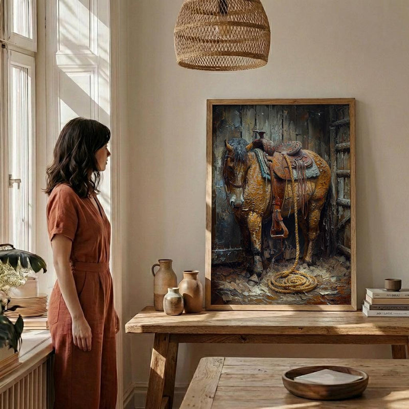 Western Lasso Wall Art, Rustic Country Farm Barn Decor - Golden Sun Beam Summer Scene