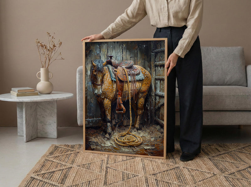 Western Lasso Wall Art, Rustic Country Farm Barn Decor - Golden Sun Beam Summer Scene
