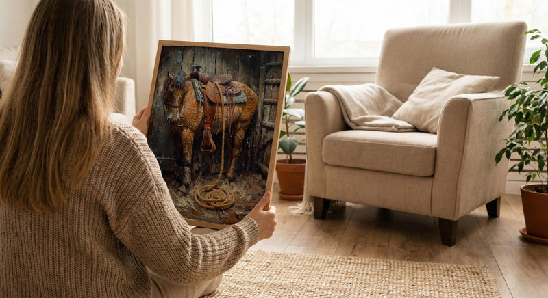 Western Lasso Wall Art, Rustic Country Farm Barn Decor - Golden Sun Beam Summer Scene