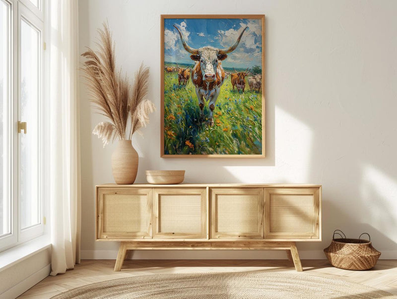Texas Longhorn Cattle Poster, Western Animal Nature Decor - Lush Green Summer Pasture Blue Sky