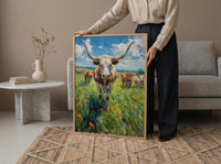 Texas Longhorn Cattle Poster, Western Animal Nature Decor - Lush Green Summer Pasture Blue Sky