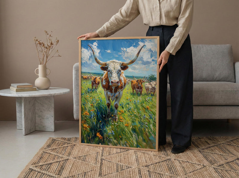 Texas Longhorn Cattle Poster, Western Animal Nature Decor - Lush Green Summer Pasture Blue Sky