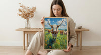 Texas Longhorn Cattle Poster, Western Animal Nature Decor - Lush Green Summer Pasture Blue Sky
