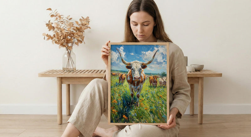 Texas Longhorn Cattle Poster, Western Animal Nature Decor - Lush Green Summer Pasture Blue Sky