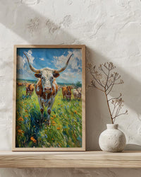 Texas Longhorn Cattle Poster, Western Animal Nature Decor - Lush Green Summer Pasture Blue Sky