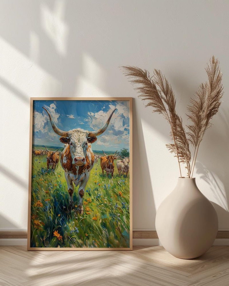 Texas Longhorn Cattle Poster, Western Animal Nature Decor - Lush Green Summer Pasture Blue Sky