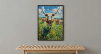 Texas Longhorn Cattle Poster, Western Animal Nature Decor - Lush Green Summer Pasture Blue Sky