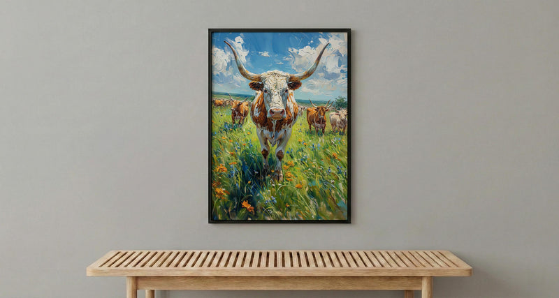 Texas Longhorn Cattle Poster, Western Animal Nature Decor - Lush Green Summer Pasture Blue Sky