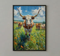 Texas Longhorn Cattle Poster, Western Animal Nature Decor - Lush Green Summer Pasture Blue Sky