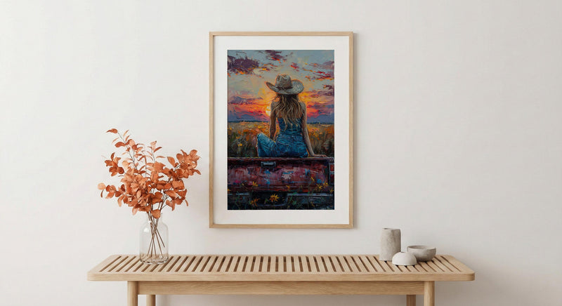 Coastal Cowgirl Art Print, Relaxing Vintage Red Truck Decor - Golden Sunset Summer Field Scene