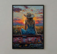 Coastal Cowgirl Art Print, Relaxing Vintage Red Truck Decor - Golden Sunset Summer Field Scene
