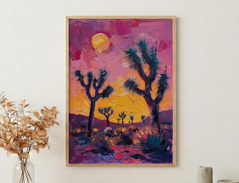 Joshua Tree Sunset Art Print, California Desert Nature Decor - Pastel Pink Purple Sky