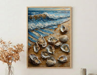Oyster Shell Beach Poster, Preppy Coastal Striped Navy Decor - Golden Summer Sand Scene